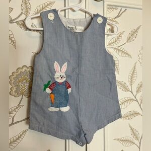 Vintage Nursery Rhyme Blue Striped Kids Romper with Bunny Design